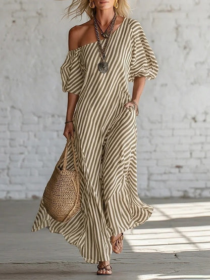 SUPERVALUECHOICE HCSEAA00050 Striped One-Shoulder Puff Sleeve Maxi Dress