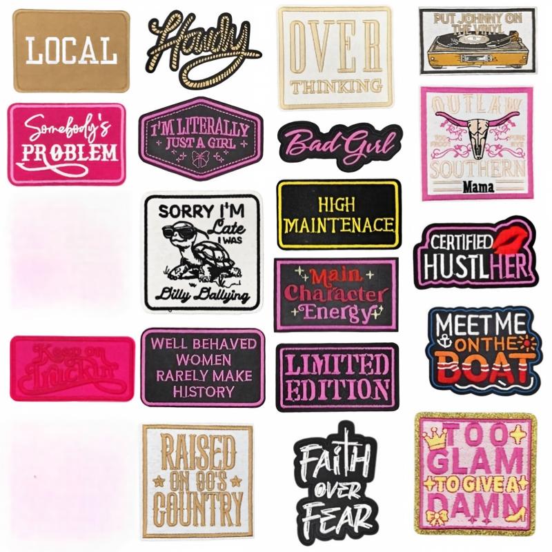 SUPERVALUECHOICE HCSEYSB000018 18Pcs Western Slogan Embroidered Iron On Patches Trendy Word Clothing DIY Decor Appliques