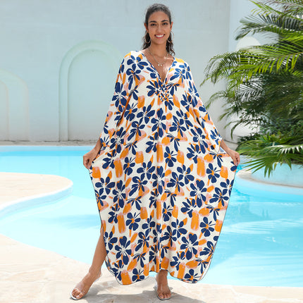 SUPERVALUECHOICE HCSEAD00006 Oversized Kaftan Maxi Dress, V‑Neck Batwing Sleeve Loose Long Caftan, Bohemian Beach Cover‑Up for Women, Plus Size Friendly