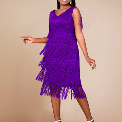 SUPERVALUECHOICE HCSEAA00080 V‑Neck Sleeveless Layered Fringe Midi Party Dress, Flapper Evening Cocktail Dress
