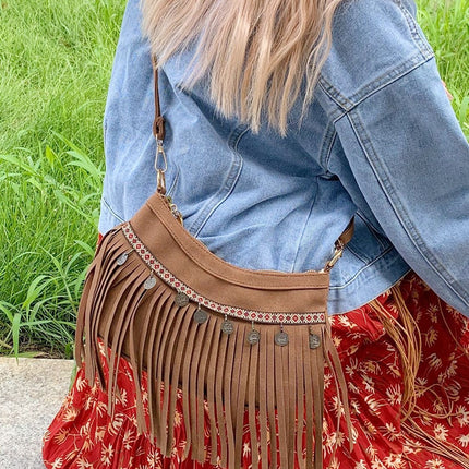 SuperValueChoice HCSEFA00034 Vintage Suede Fringe Shoulder Bag Women Studded Crossbody Purse