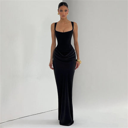 SUPERVALUECHOICE HCSEAA00075 Women’s Sexy Square Neck Ruched Bodycon Dress Sleeveless Slim Fit Mini Dress Solid Color Spring Party Club Dress