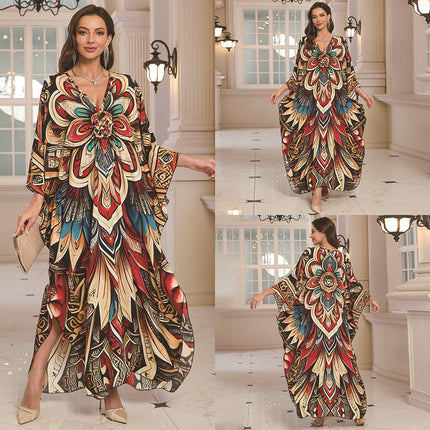 SUPERVALUECHOICE HCSEAD00010 Oversized Kaftan Maxi Dress, V‑Neck Batwing Sleeve Loose Long Caftan, Bohemian Beach Cover‑Up for Women, Plus Size Friendly