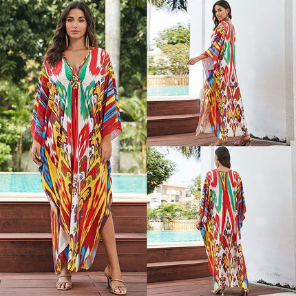 SUPERVALUECHOICE HCSEAD00004 Oversized Kaftan Maxi Dress, V‑Neck Batwing Sleeve Loose Long Caftan, Bohemian Beach Cover‑Up for Women, Plus Size Friendly