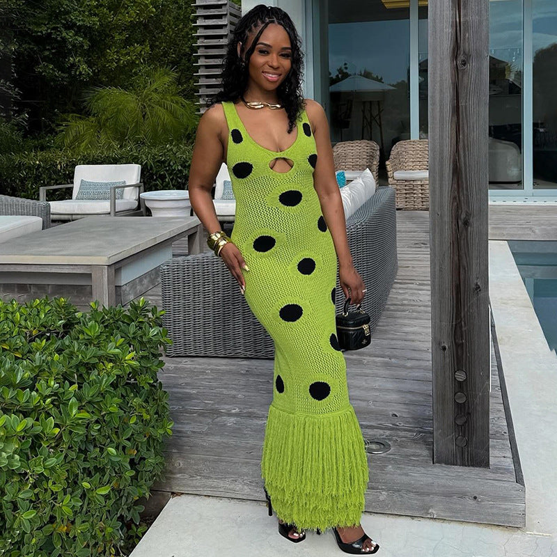 SUPERVALUECHOICE HCSEAB00010 Exquisite Crochet Polka Dot Tassel Maxi Dress
