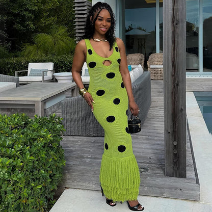 SUPERVALUECHOICE HCSEAB00010 Exquisite Crochet Polka Dot Tassel Maxi Dress