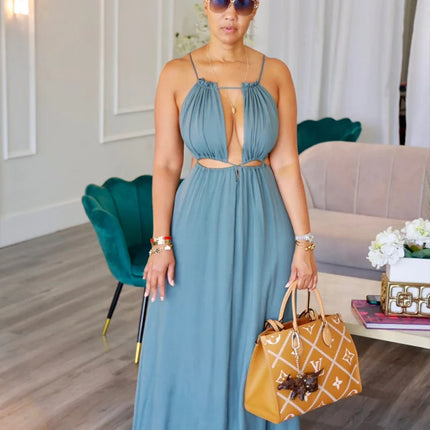 SUPERVALUECHOICE HCSEAA00066 Womens Summer Dress Spaghetti Strap Halter Sleeveless Sexy Cutout Boho Maxi Sundress Beach Vacation Dresses
