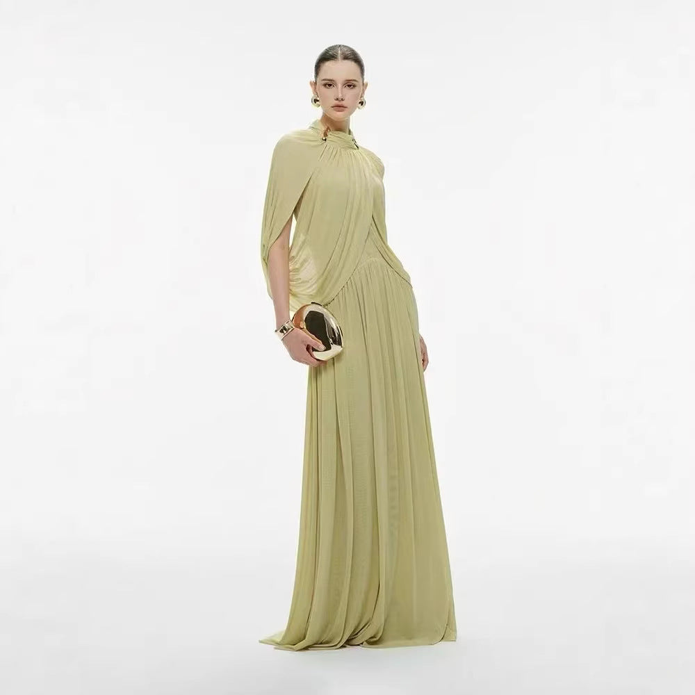 SUPERVALUECHOICE HCSEAA00010 Ruched Cape-Overlay O-Neck Sheath Maxi Dress