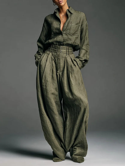 SUPERVALUECHOICE HCSEBB00003 Linen Blend Lapel Long-sleeved Casual Shirt and High-waist Pocket Loose Wide-leg Pants Set