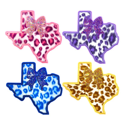 SUPERVALUECHOICE HCSEYSF00004 Faux Fur Leopard Texture Texas State Patch Sparkly Sequin Bow Embroidered Iron On Applique for Southern Style Garment Customization