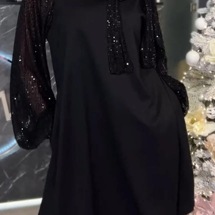 SUPERVALUECHOICE HCSEAA00069 Women's Long Sleeved Crew Neck Sequined Mini Long Sleeve Sparkly Dress Elegant Formal Night Dresses Women's Sequin Skirt