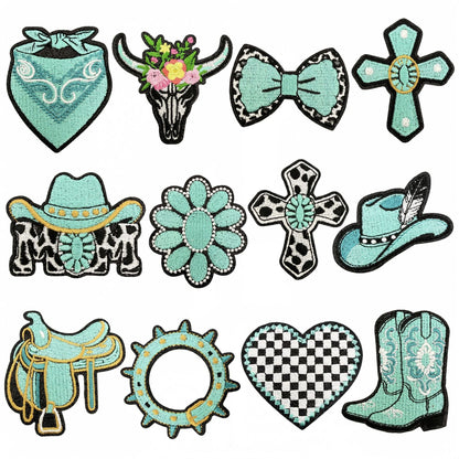 SUPERVALUECHOICE HCSEYSB00006 12 Pack Turquoise Western Cowgirl Iron On Patches Cow Skull Cowboy Hat Boot Cross Embroidered Appliques for Jacket Hat Backpack Clothing DIY Decor