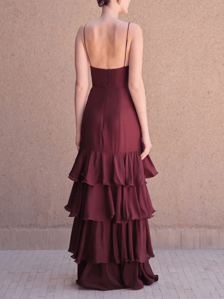 SUPERVALUECHOICE HCSEAA00030 Satin V-Neck Ruffle Tier Maxi Dress