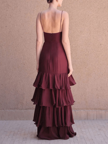 SUPERVALUECHOICE HCSEAA00030 Satin V-Neck Ruffle Tier Maxi Dress