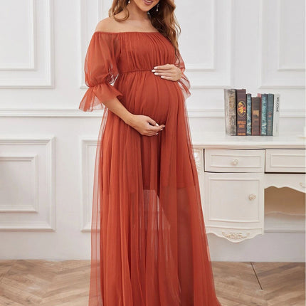 SUPERVALUECHOICE HCSEAA00037 Plus Size Off-Shoulder Tulle Double Skirt Maxi Maternity Dress