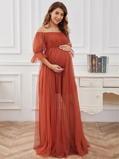 SUPERVALUECHOICE HCSEAA00037 Plus Size Off-Shoulder Tulle Double Skirt Maxi Maternity Dress