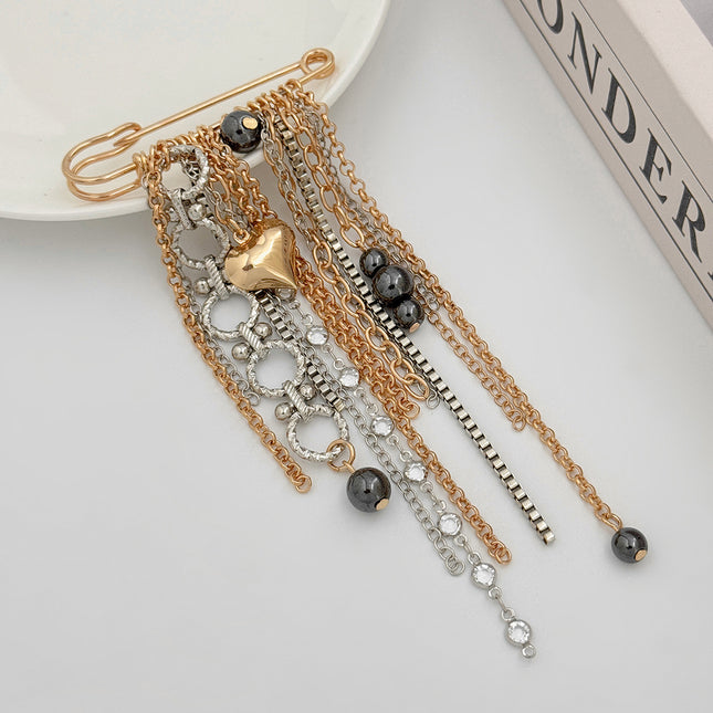 SUPERVALUECHOICE HCSESA00122 New Handmade Beaded Chain Brooch Women Tassel Heart Color-Blocking Pendant Pin Fashion Banquet Jewelry Accessories Gifts
