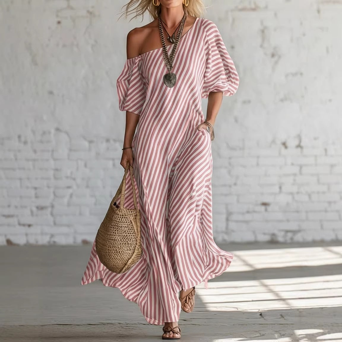 SUPERVALUECHOICE HCSEAA00050 Striped One-Shoulder Puff Sleeve Maxi Dress