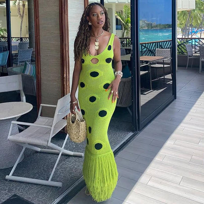 SUPERVALUECHOICE HCSEAB00010 Exquisite Crochet Polka Dot Tassel Maxi Dress