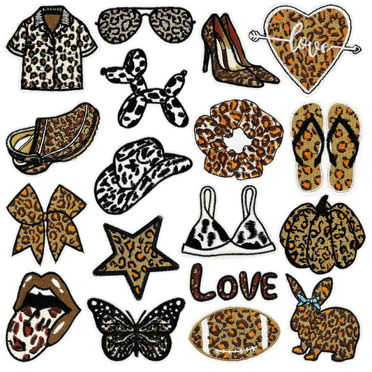 SUPERVALUECHOICE HCSEYSB00003 Assorted Leopard Print Iron On Patches 18 Pcs Fashion Cowboy Hat Shoes Star Pumpkin Embroidered Appliques for Jacket Backpack Clothing DIY Decor