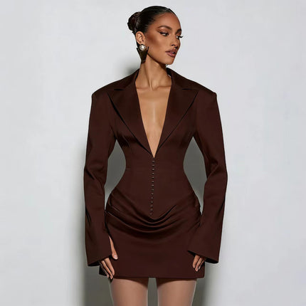 SUPERVALUECHOICE HCSEAC00024 Corset Waist Blazer Dress Deep V Neck Ruched Long Sleeve Mini Party Dress