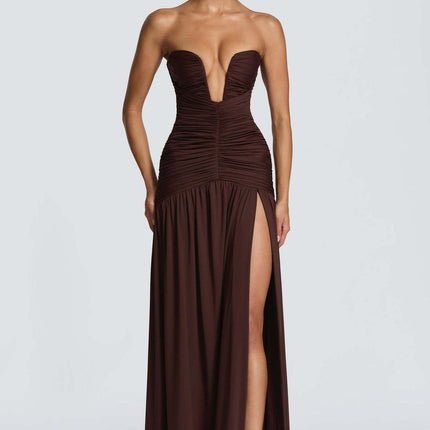 SUPERVALUECHOICE HCSEAA00073 Women’s Strapless Ruched Backless Maxi Dress – Sexy High Slit Draped Evening Gown for Wedding Guest, Prom & Formal Party