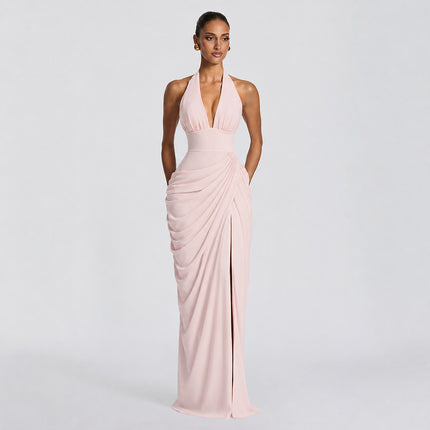 SUPERVALUECHOICE HCSEAA00077 Halter Back Lace-up Asymmetrical Pleats Slit Maxi Dress