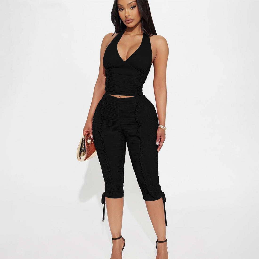 SUPERVALUECHOICE HCSEBB00033 Ruched Halter Backless Tank Top And Capri Set