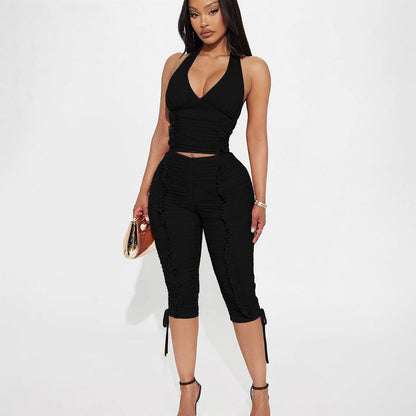 SUPERVALUECHOICE HCSEBB00033 Ruched Halter Backless Tank Top And Capri Set