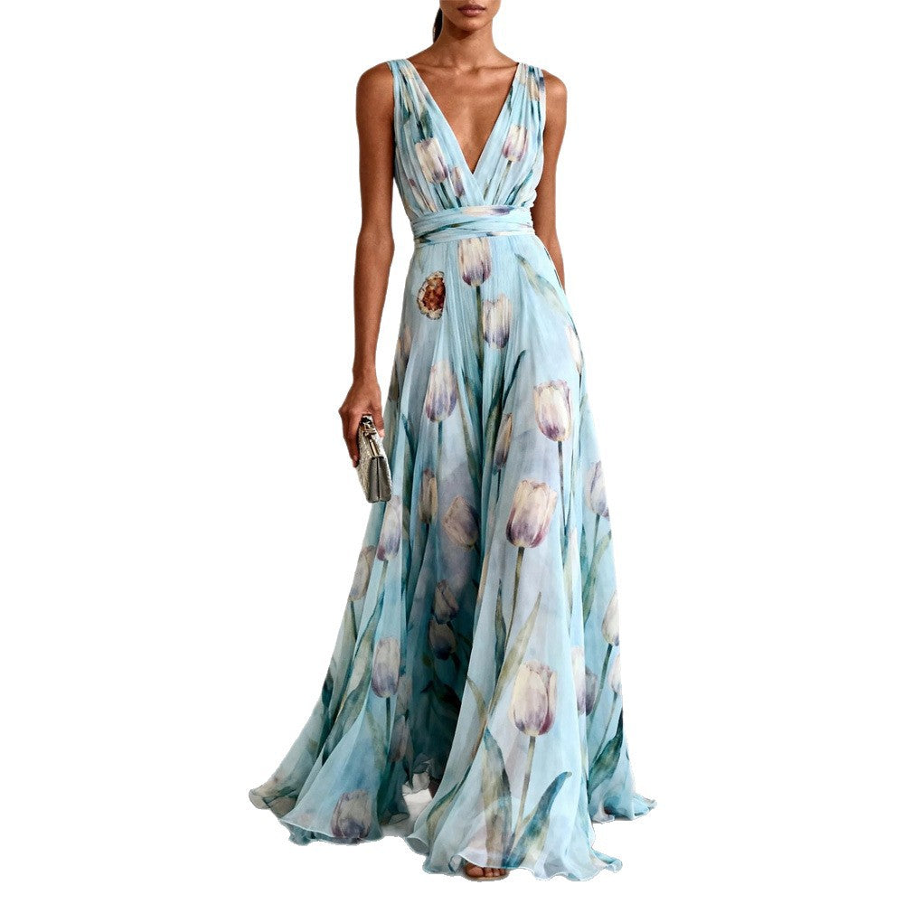 SUPERVALUECHOICE HCSEAA00035 Elegant Tulip Print V-neck Maxi Dress