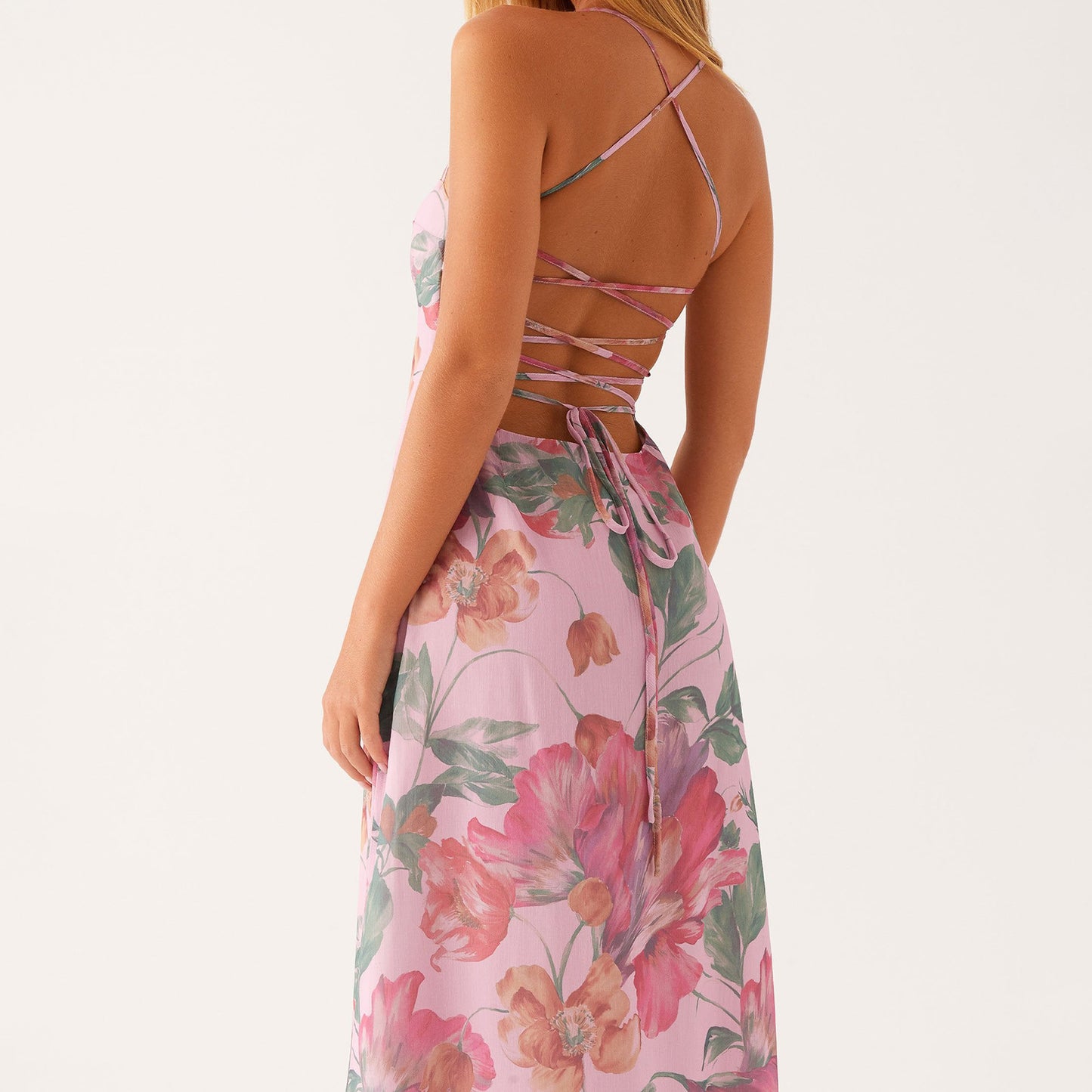 SUPERVALUECHOICE HCSEAA00026 Floral Lace-Up Back Maxi Dress | Strappy Summer Vacation Dress