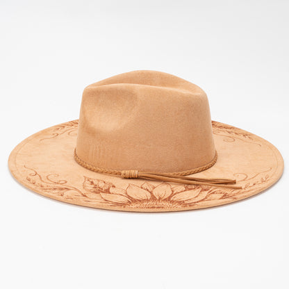 SUPERVALUECHOICE HCSEK00007 Vintage Sunflower Laser Engraved Suede Fedora Hat, Wide Brim Western Cowboy Knight Hat for Travel & Outdoor Photoshoot