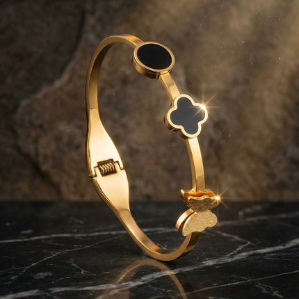 SUPÊR VÃLUE CHOICE HCSEX00026 Black Round Shell Four-Leaf Clover Bracelet