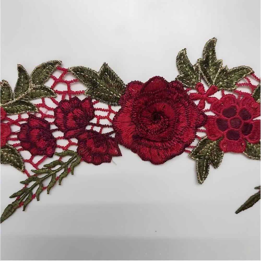 SuperValueChoice HCSEOA00012 Vintage Wine Red 3D Rose Flower Guipure Lace Trim Green Leaf Embroidery Ribbon Sew On Lace Applique for Jeans Wedding Gown Qipao Craft Supply
