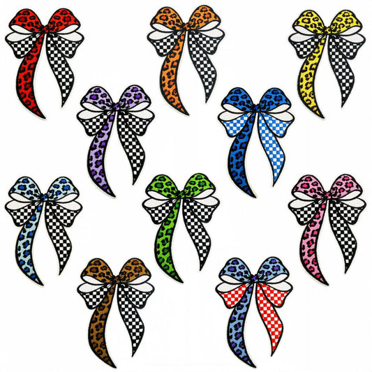 SUPERVALUECHOICE HCSEYSB00009 10 Pcs Multicolor Leopard Checkerboard Bow Iron On Patches Colorful Bowknot Embroidered Appliques for Garment Hat Backpack DIY Decoration
