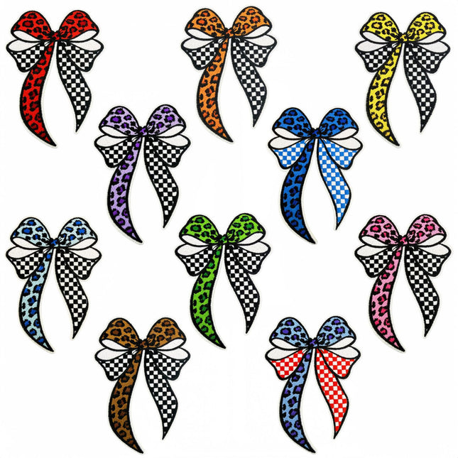 SUPERVALUECHOICE HCSEYSB00009 10 Pcs Multicolor Leopard Checkerboard Bow Iron On Patches Colorful Bowknot Embroidered Appliques for Garment Hat Backpack DIY Decoration