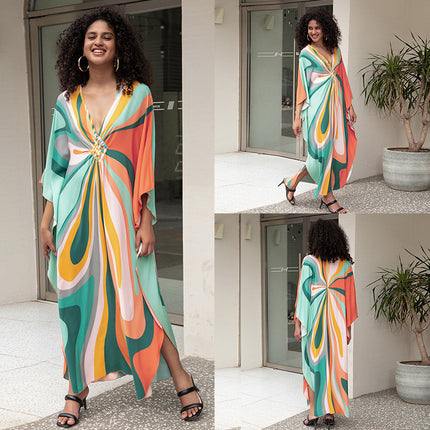 SUPERVALUECHOICE HCSEAD00006 Oversized Kaftan Maxi Dress, V‑Neck Batwing Sleeve Loose Long Caftan, Bohemian Beach Cover‑Up for Women, Plus Size Friendly