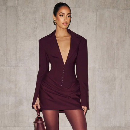 SUPERVALUECHOICE HCSEAC00024 Corset Waist Blazer Dress Deep V Neck Ruched Long Sleeve Mini Party Dress