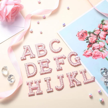 SUPERVALUECHOICE HCSEYH00005 26Pcs Pearl Rhinestone Letter Patches Self Adhesive A-Z, Stick on Pearl Letter Patches for Clothes, Fabric, Backpack (Pink)