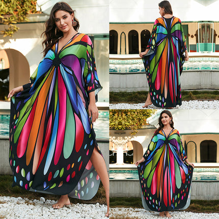SUPERVALUECHOICE HCSEAD00005 Oversized Kaftan Maxi Dress, V‑Neck Batwing Sleeve Loose Long Caftan, Bohemian Beach Cover‑Up for Women, Plus Size Friendly