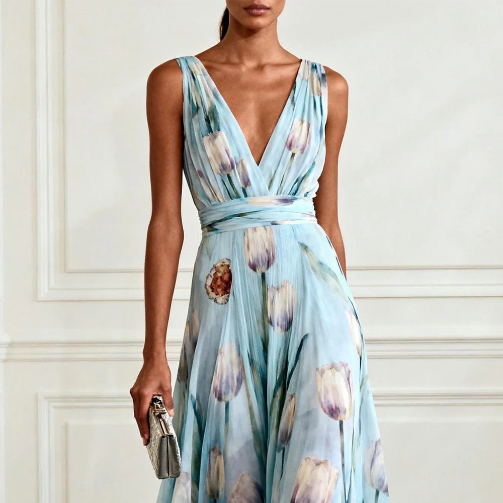 SUPERVALUECHOICE HCSEAA00035 Elegant Tulip Print V-neck Maxi Dress