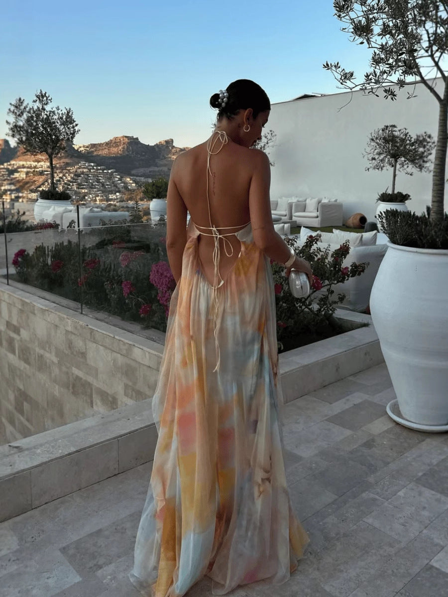 SUPERVALUECHOICE HCSEAA00027 Halter Neck Flowy Abstract Print Maxi Dress