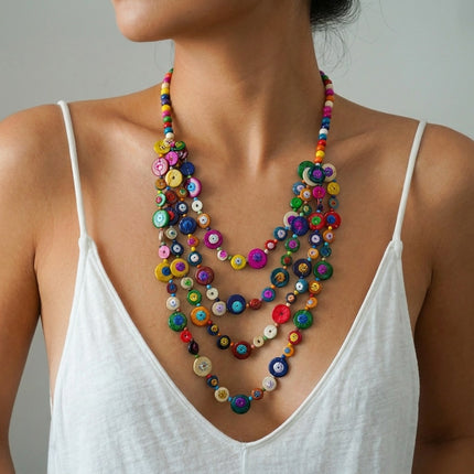 SUPERVALUECHOICE HCSEVA00014 Boho Multi‑Layer Coconut Shell Statement Necklace, Hand‑Painted Colorful Wooden Bead Bib Necklace