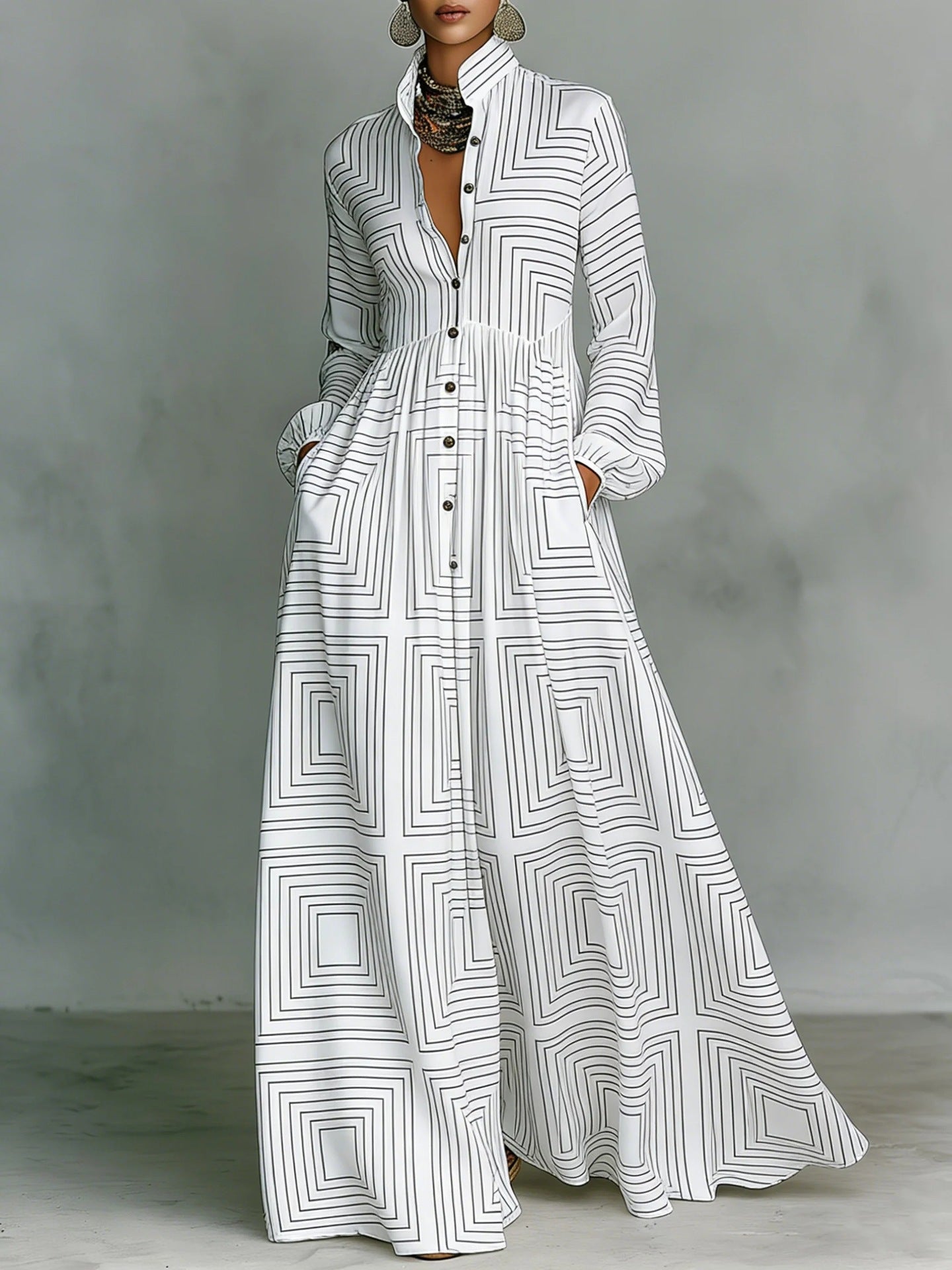 SUPERVALUECHOICE HCSEAA00044 Floral Print Stand Collar Long Sleeve Casual Maxi Dress with Pockets