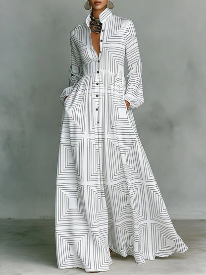 SUPERVALUECHOICE HCSEAA00044 Floral Print Stand Collar Long Sleeve Casual Maxi Dress with Pockets