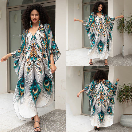 SUPERVALUECHOICE HCSEAD00006 Oversized Kaftan Maxi Dress, V‑Neck Batwing Sleeve Loose Long Caftan, Bohemian Beach Cover‑Up for Women, Plus Size Friendly