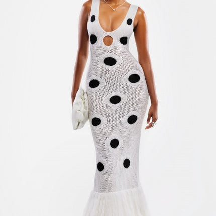 SUPERVALUECHOICE HCSEAB00011 Premium-Black Polka Dot Knit Bodycon Maxi Dress for Women – Fringe Hem Stretch Summer Dress, Vacation Beach Resort Party Elegant Long Dress