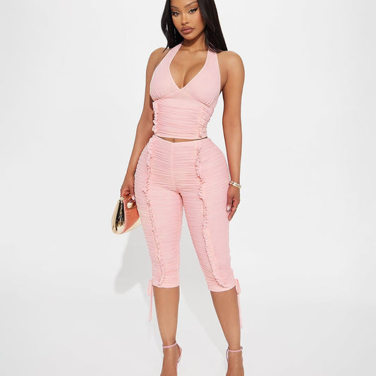 SUPERVALUECHOICE HCSEBB00033 Ruched Halter Backless Tank Top And Capri Set