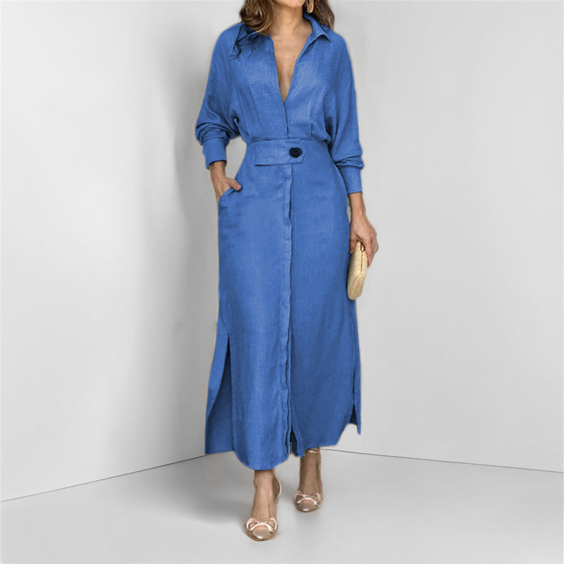 SUPERVALUECHOICE HCSEWO0001 Lace-up Solid Color Waist Long Sleeve Irregular Shirt Dress