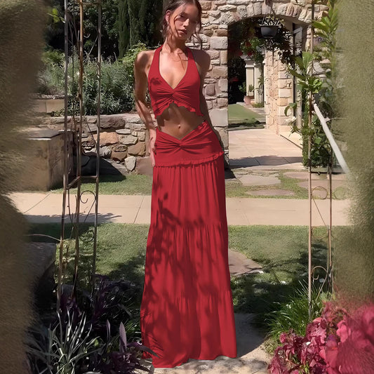 SUPERVALUECHOICE HCSEAA00005 Halter Neck Crop Top & Tiered Maxi Skirt Two-Piece Set